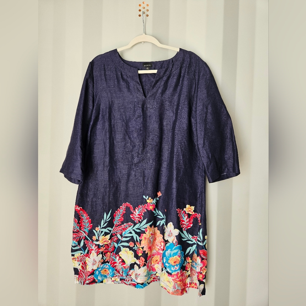 Talbots Navy Blue Dress Or Tunic with Multicolor Floral Hem